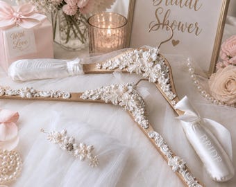 Colgador de lujo para vestido de novia y velo, personalizado con el nombre de la novia, conjunto de colgador nupcial dorado hecho a mano con colgador de velo, regalo de recuerdo de boda