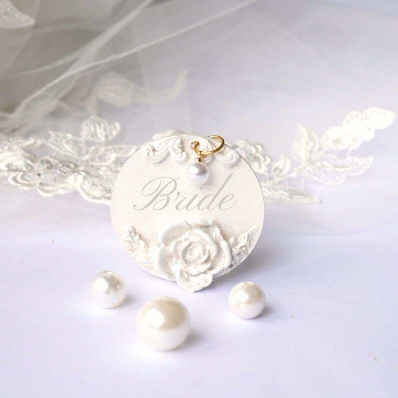 Veil and Bride Hanger Set, Pearlescent Shimmer White Wedding Dress Hangers, Personalised Hanger Charm, Elegant Bride Gift, Satin Bags. image 7