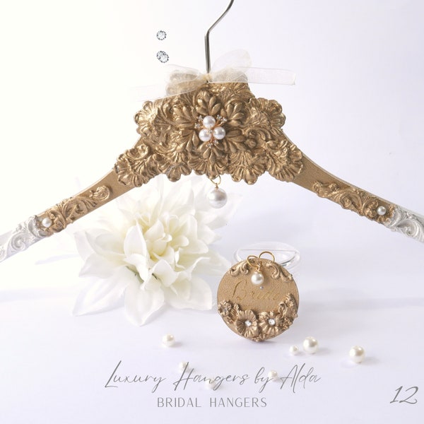 Gold Wedding Dress Hanger, Bridal Hanger in Vintage Gold, Pearls and Pearl Charm, Bridal Shower Gift.