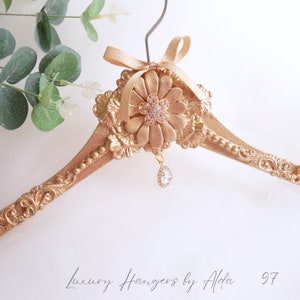 Vintage Gold Wedding Dress Hanger with Bespoke Personalised Tag, Satin Bag Included, Bridal Hanger Gift.