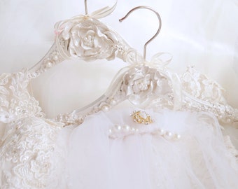 Peony Pearl Wedding Dress and Veil Hanger Set, Personalised Bridal Hanger with Name and Date Tag, Satin Bags Included, Gift