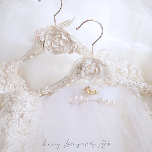 Peony Pearl Wedding Dress and Veil Hanger Set, Personalised Bridal Hanger with Name and Date Tag, Satin Bags Included, Gift