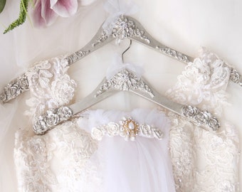 Elegant Veil and Bride Hanger Set, Antique Champagne Bling Wedding Dress Hangers, Personalised Hanger Charm, Bridal Shower Gift, Satin Bags.
