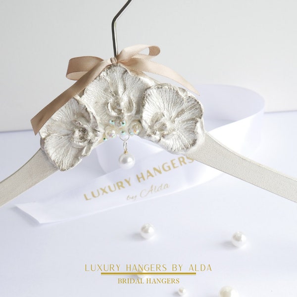 Wedding Dress Hanger with Gold Orchids, Personalised Bridal Hanger with Name and Date Tag, Satin Bag Included, Gift.