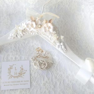 Special Wedding Dress Hanger, Flower Bridal Hanger, Gold Detail, Sturdy Pearlescent Bridal Gown Hanger, Satin Bag, Personalised Tag, Gift.