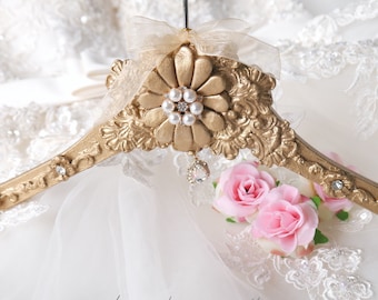 Vintage Gold Wedding Hanger, Crystal Charm Personalised Bridal Hanger with Luxury Hanger Tag and Satin Keepsake Bag. Bride to be Gift.
