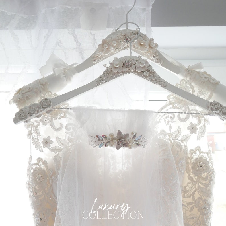 Pearlescent White Bridal Hanger Set: Luxury Wedding Gown & Veil Hangers