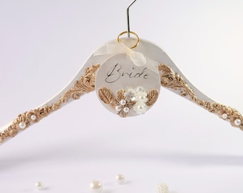 Large Gold Pearl Embellished Wedding Dress Hanger with Personalised Tag, Bridal Hanger with Satin Bag, Gift Idea For Bride.
