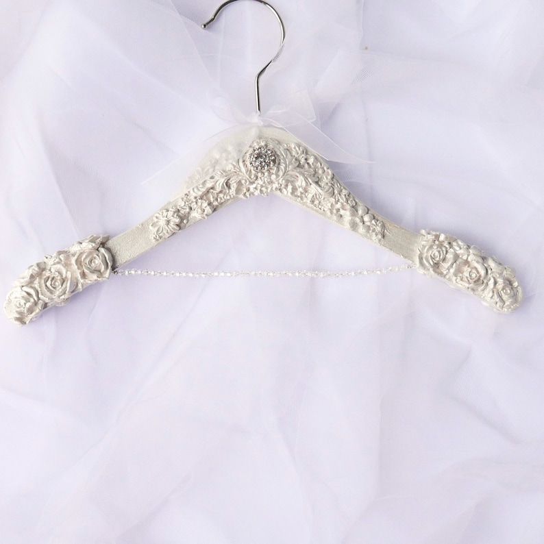 Veil and Bride Hanger Set, Pearlescent Shimmer White Wedding Dress Hangers, Personalised Hanger Charm, Elegant Bride Gift, Satin Bags. image 9