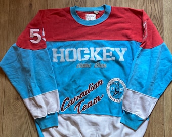 Moletom vintage Blanc Bleu 'Hockey' dos anos 80, tamanho XL