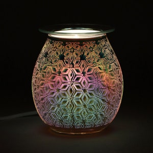 May include: A round, iridescent electric wax warmer with a snowflake pattern. The warmer has a clear glass top and a white light.