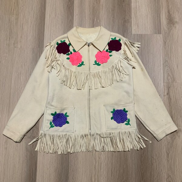 1960s Wool Tassle Button Up Satin Lined Western Fringe Jacket