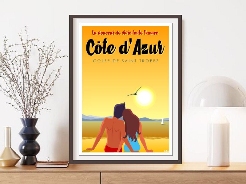 Affiche Des Amoureux sur La Plage Saint-Tropez Travel Poster/Affiche Voyage Vintage Golfe de Saint T