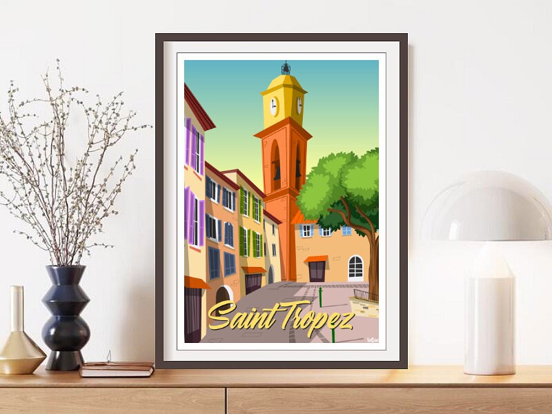 Affiche de Saint-Tropez, Place L'ormeau Saint-Tropez Travel Poster/Affiche Voyage Vintage Golfe Sain