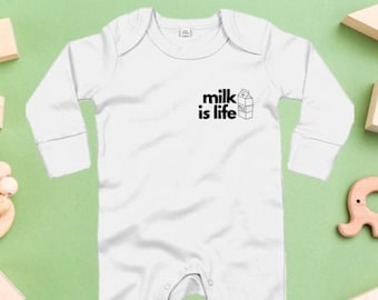 Milk is life baby sleep suit with mittens, perfect baby shower gift