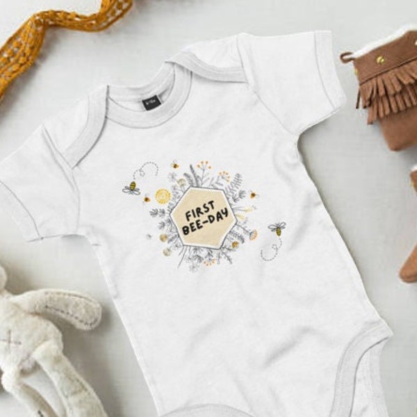 first bee-day, 100% organic cotton baby grow, first birthday outfit, 1st birthday gift