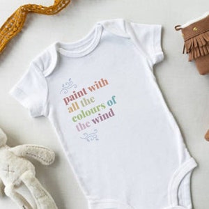 pocahontas paint with all the colours baby grow, 100% organic cotton, perfect baby shower gift or for new mom