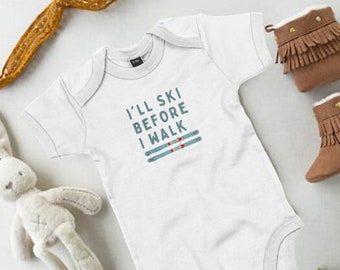 Skiing babygrow, 100% organic babygrow, perfect baby shower gift, gift for ski lover, new mom gift, new dad gift