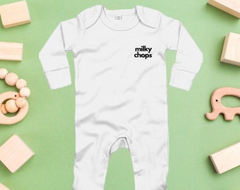 Milky chops funny sleep suit with mittens, perfect baby shower gift