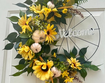 Fall Sunflower  bicycle Wreath, Autumn Bicycle wheel wreath,