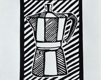 La Moka - Linograbado de 8" x 10" sobre papel