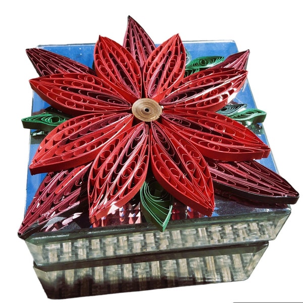Upcycled Mirrored Jewelry Box with Red Flower Quilled
