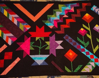 Geometric Wall Hanging Quilt in Neon Colors and Geometric Flowers