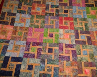 Beautiful Throw-Size Colorful Batik Fabric Square-Pattern Homemade Cotton Quilt