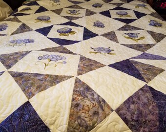 Handmade Lilac Floral Full / Queen Quilt in purple, green and white colors