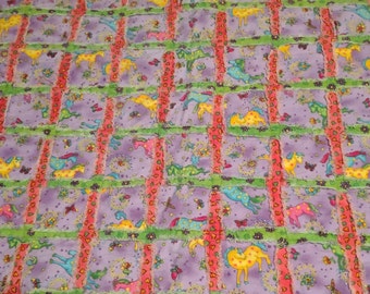 Frayed Flannel Baby Quilt with Horses, Butterflies and Flowers