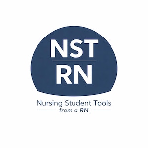 Può includere: Un logo blu navy con il testo bianco "NST" sopra "RN" all'interno di una forma arrotondata blu scuro. Sotto, il testo "Nursing Student Tools from a RN" è visualizzato in un carattere più piccolo.