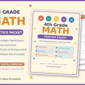 May include: A 4th Grade Math Practice Packet digital download featuring 24 printable worksheets, 3 bonus activities, a certificate, and an answer key. The cover page displays colorful math symbols, topic labels, and the text Virtual Vibes Printables.