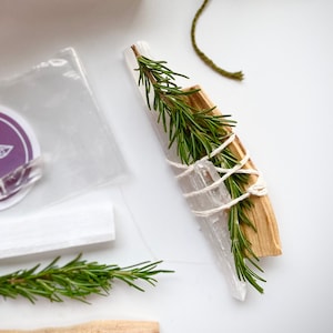 Rosemary Smudge Kit with Palo Santo, Selenite, Quartz Raw Crystal - Top Grade Materials for Cleansing Purification High Quality Starter Kit