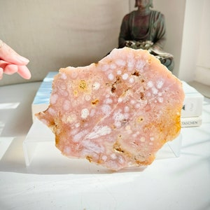 Flower Agate Pink Amethyst Slab Large Quartz Druzy Cave 484g 16x14x1cm 17.1oz 6.3x5.5x0.4in Pink Amethyst Natural Geode Cluster PA5