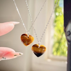 Beautifully Banded Tigers Eye Heart Pendants 1.0cm .5&quot; Pendant 40mm 18” .925 Sterling Silver Chain Natural Crystal Necklace Gift
