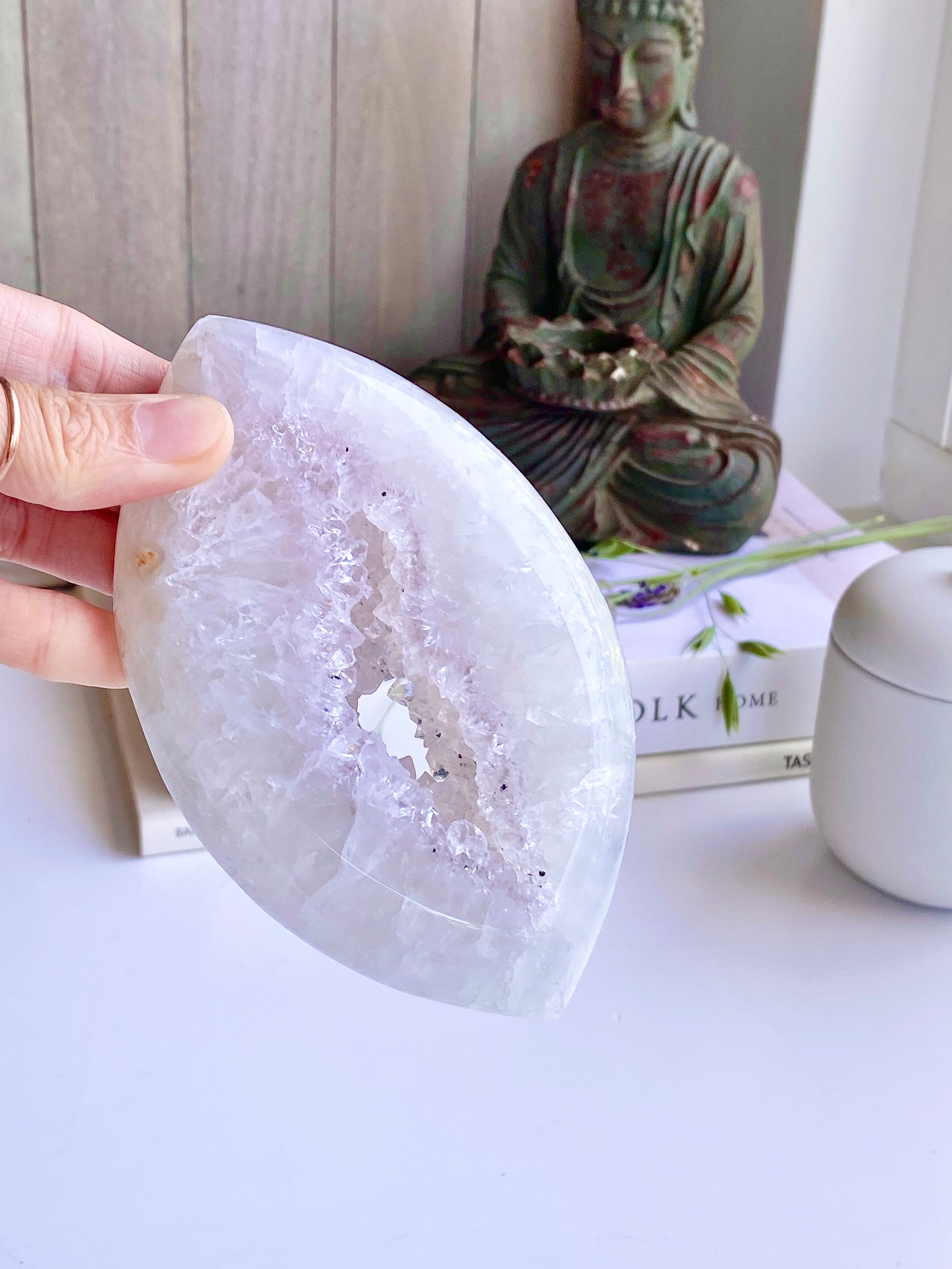 Silver Amethyst Agate Eye Free Form Crystal Druzy Banded Self Standing Pale Purple Quartz 400G 14.1Oz 14cm 5.5In B