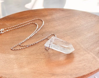 Clear Quartz Natural Raw Point 1.5” inch 40mm Pendant on 18” inch .925 Sterling Silver Chain Necklace Natural Raw Crystal Point Necklace