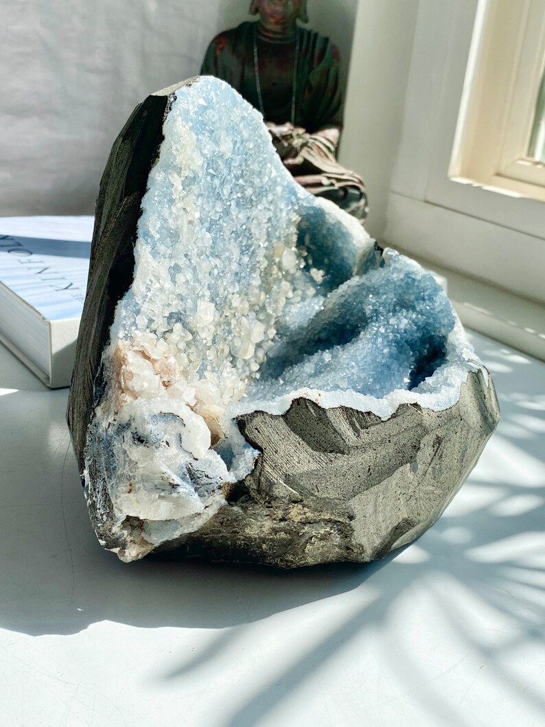 Huge Clamshell Natural Blue Quartz Cluster Glittering Gray Etsy