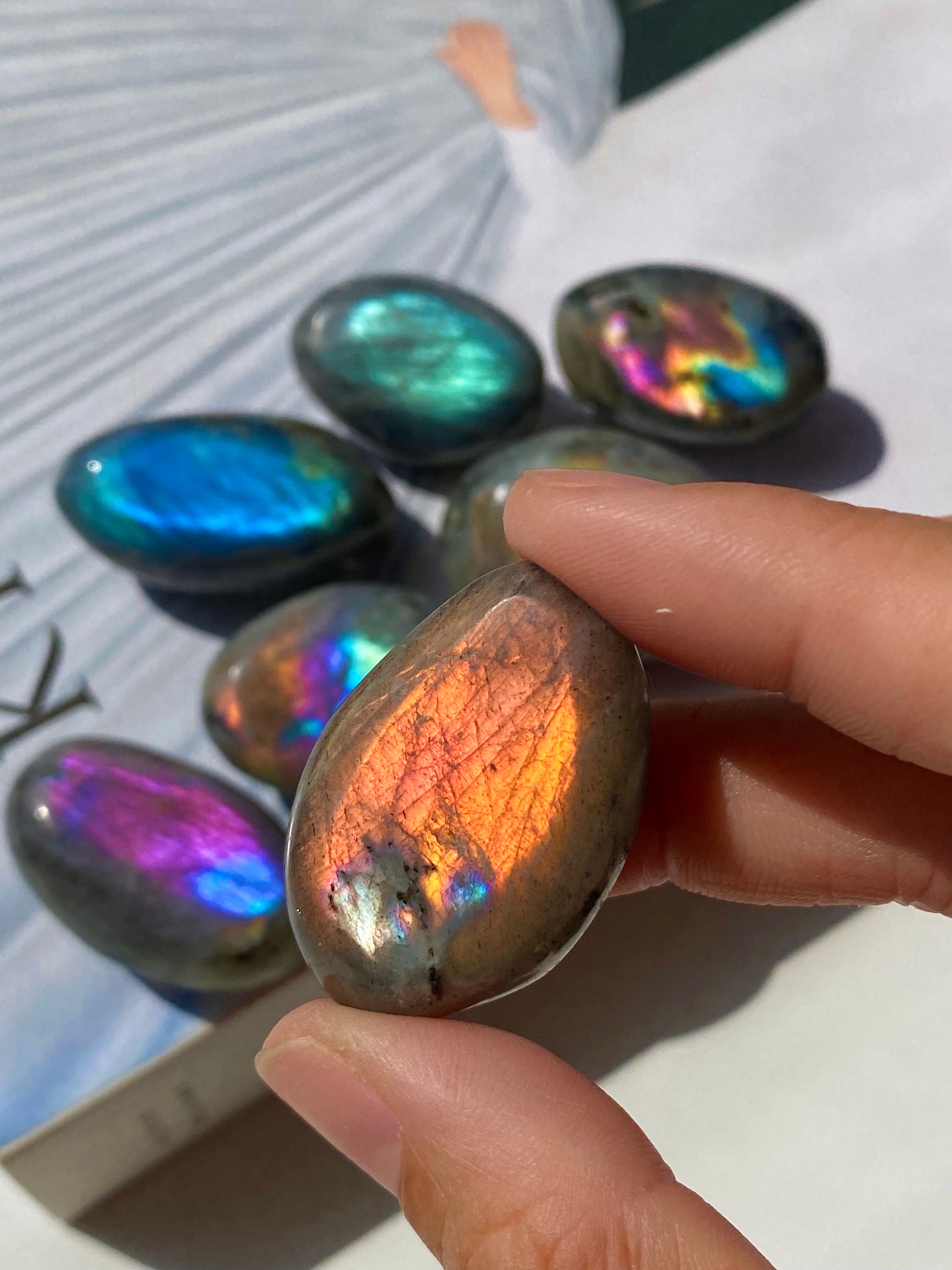 Gray Labradorite Palm Stones Unique Multi-color Flash Sunset