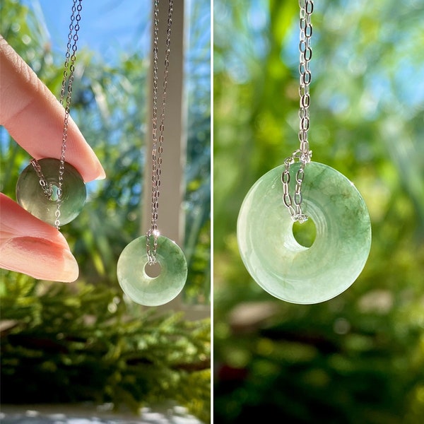 Rare High Quality Green Burmese Jade Circle Coin Donut 1.5cm .6" Pendant 40mm 18” .925 Sterling Silver Chain Natural Crystal Necklace Gift