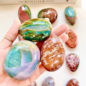 RESTOCKED Vibrant Ocean Orbicular Jasper Palm Stone 2-2.5&quot; 5 cm 6 oz 170g Large Red White Pink Purple Ocean Jasper Palm Stone Lucky Stone