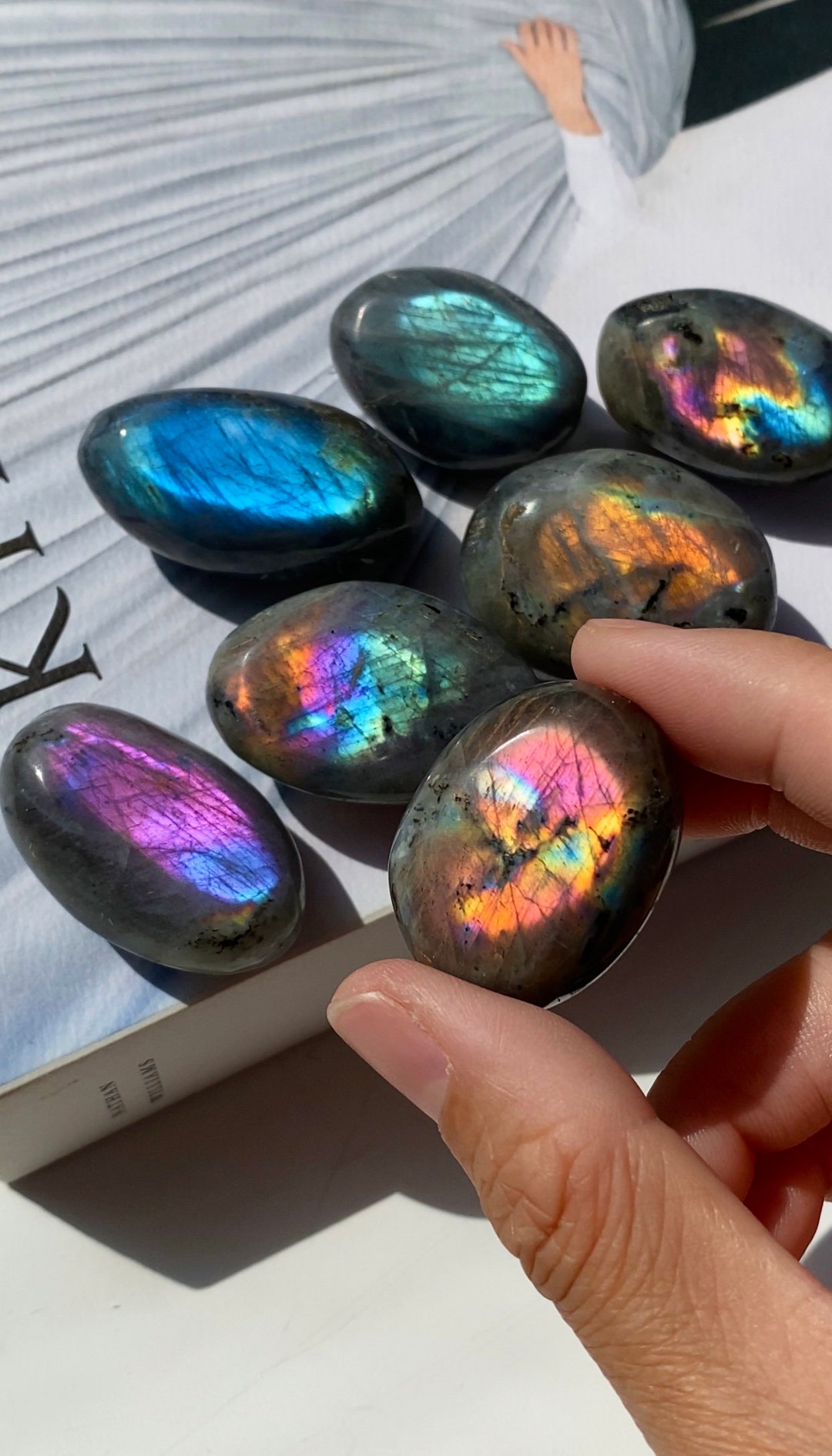 NEW Vibrant Color Flash Gray Labradorite Palm Stone Sunset Rainbow