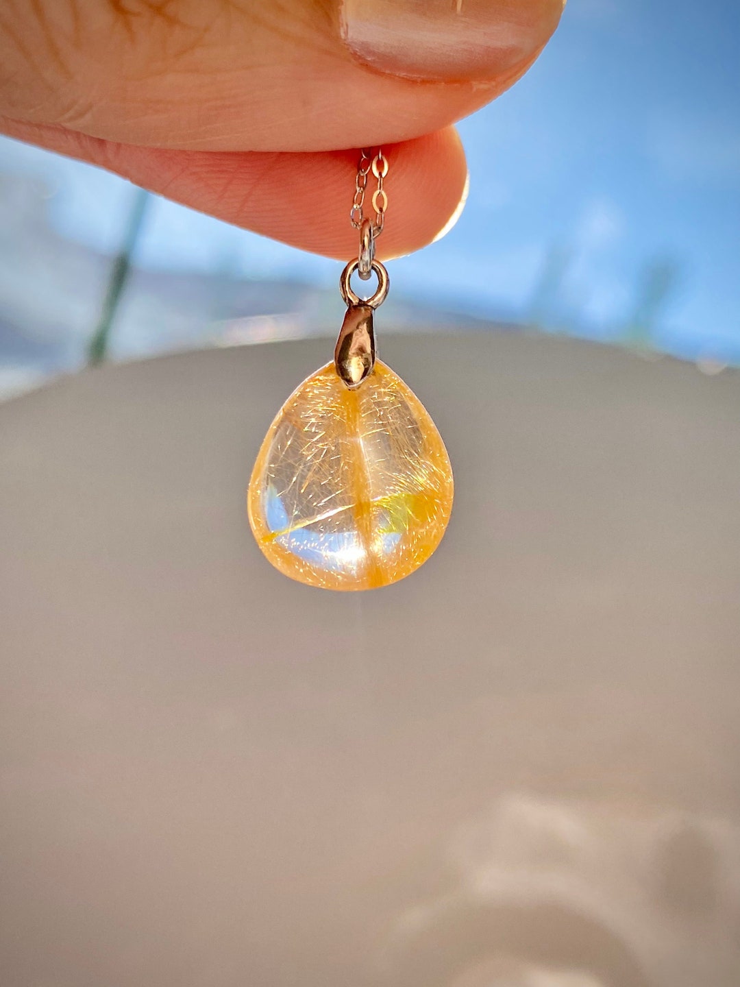 Dainty Gold Rutile Quartz Teardrop Pendant Rutilated Crystal