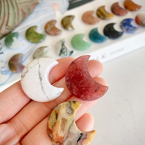 Gorgeous Small Crystal Moon Carving 6g 0.2oz 3cm 1.2in Small Polished Carved Crystal Moons Quartz Jasper Fluorite Amethyst Crescent Moon