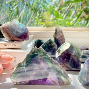 RARE Glittering Golden Pyrite in Watermelon Banded Fluorite Half Polished Crystal Slabs 990g 25x6x3cm 34.9oz 9.8x2.4x1.2in Candy Fluorite