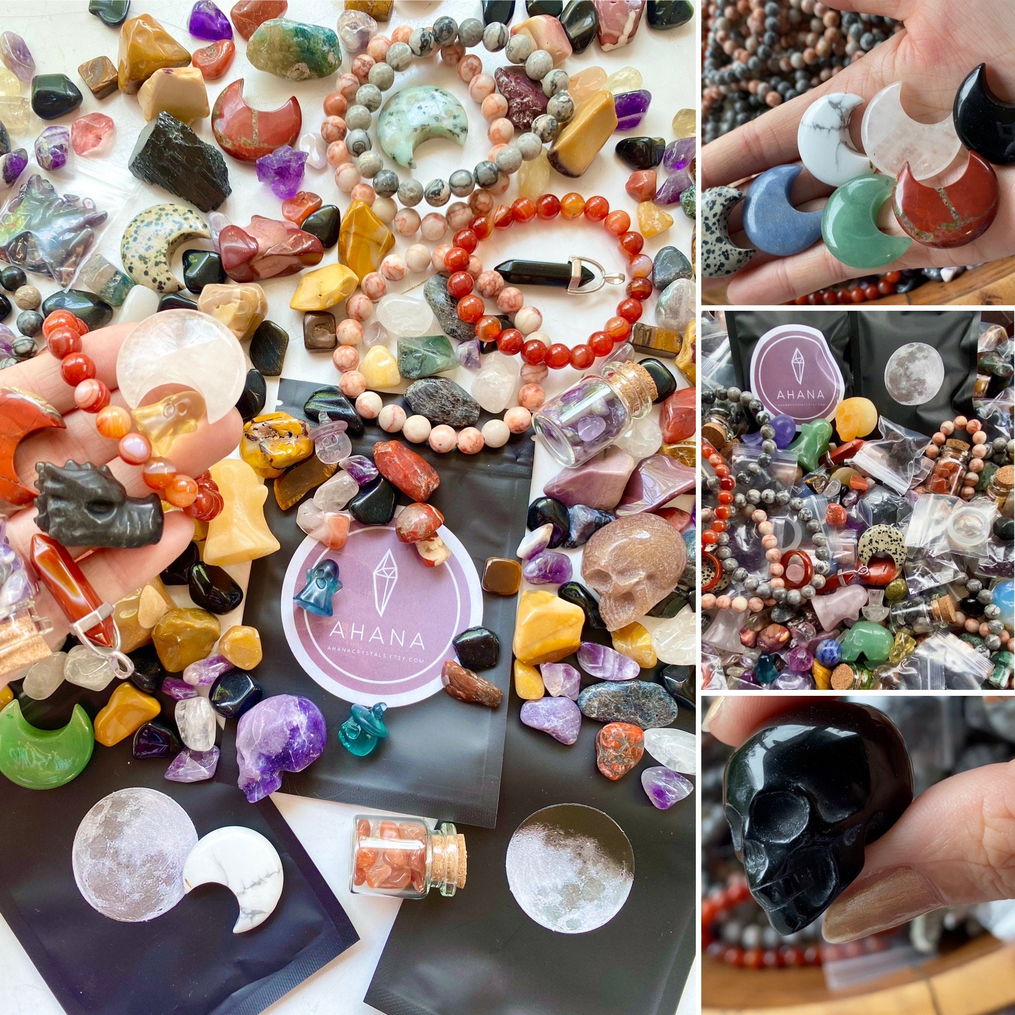 NEW Spooky Scoops Halloween Premium Surprise Crystal Mystery Mix Pouch 125g 4.5oz Tumbles Raw Crystal Skull Moons Bracelets Carvings Jewelry