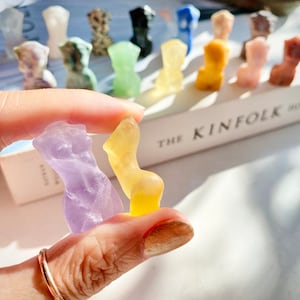 May include: Two small, hand-carved figurines made of translucent stone. The figurine on the left is purple and the figurine on the right is yellow.