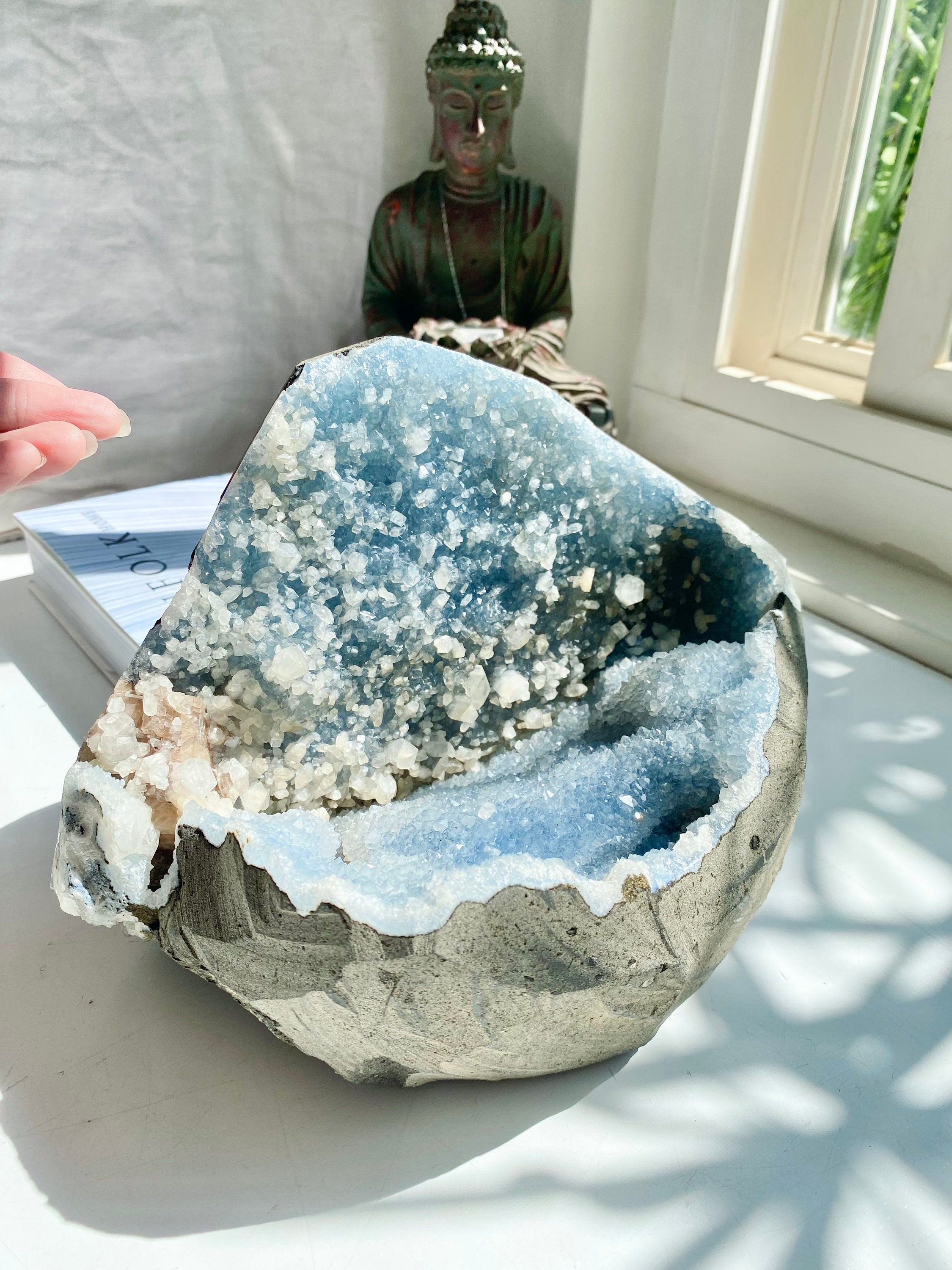 Huge Clamshell Natural Blue Quartz Cluster Glittering Gray Blue