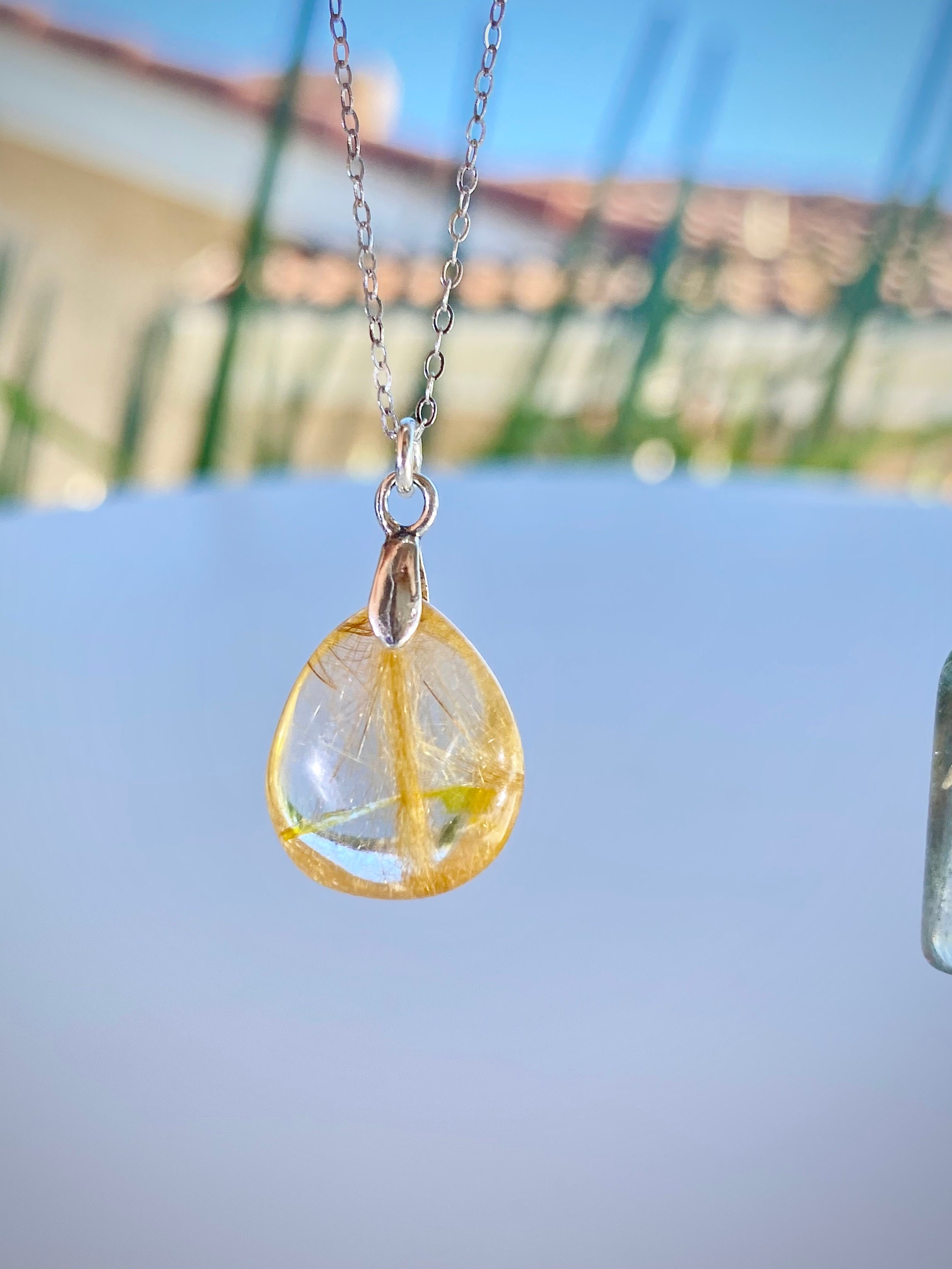 Dainty Gold Rutile Quartz Teardrop Pendant Rutilated Crystal