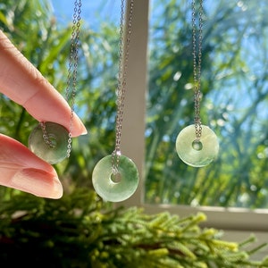 Rare High Quality Green Jade Circle Coin Donut 1.5cm .6&quot; Pendant 40mm 18” .925 Sterling Silver Chain Natural Crystal Necklace Gift